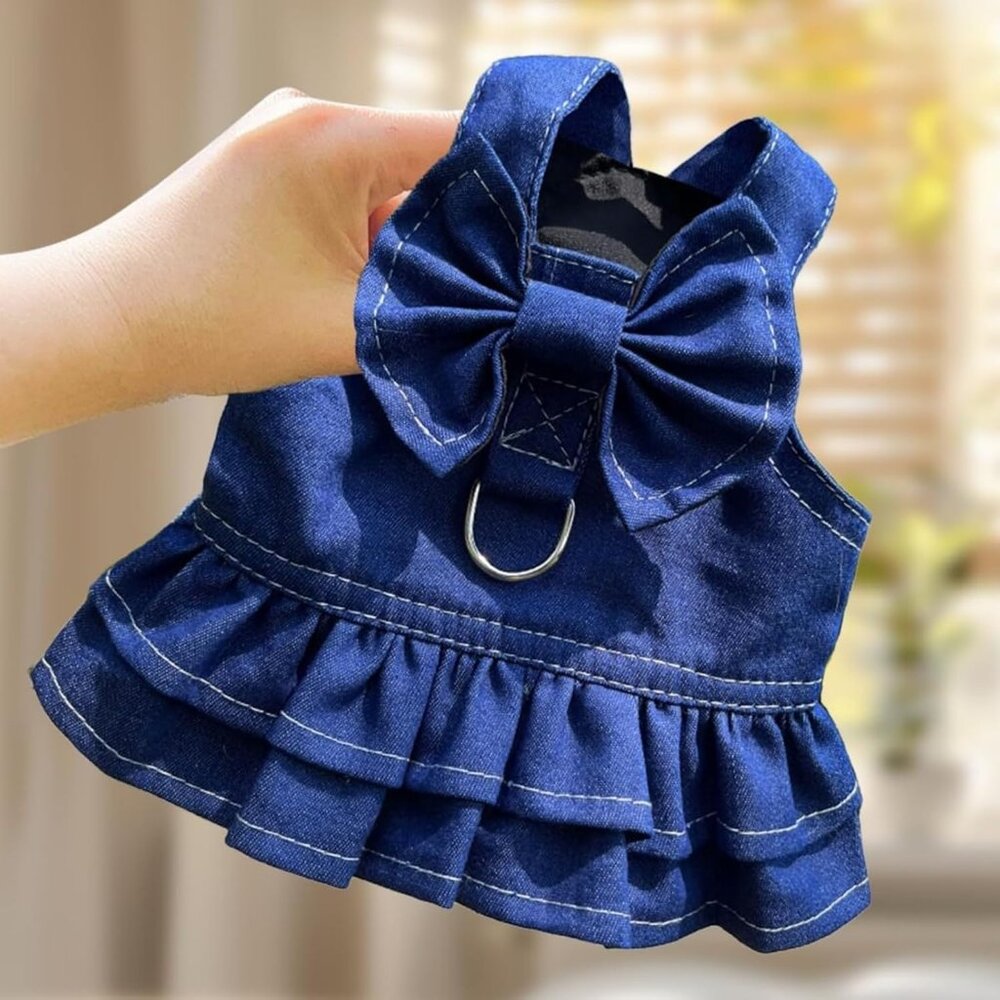 NEW Dog Denim Dresses Bow Princess Harness Dress Summer Dog Apparel with Ring